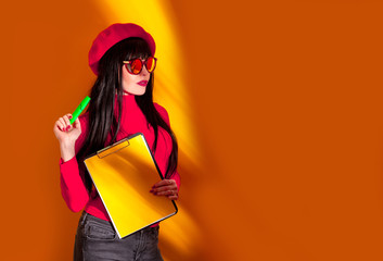 business woman yellow background red shadow beret brunette teacher glasses funny