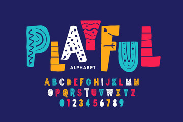 Wall Mural - Playful style font design, childish alphabet letters and numbers