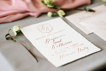 New, fashionable invitations and wedding menus. Nominal invitations. Flowers, print iconvert with a wedding invitation.