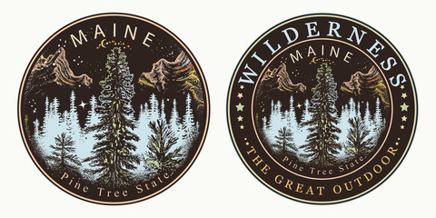 Wall Mural - Maine. Wild forest and mountains. Wilderness, the great outdoors slogan. Symbol of tourism and travel. Welcome to Maine, USA. Pine Tree state