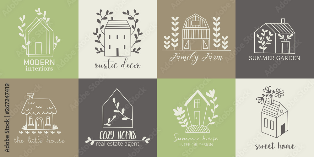 House, home, cottage and farm logo template with hand drawing icons - obrazy, fototapety, plakaty 