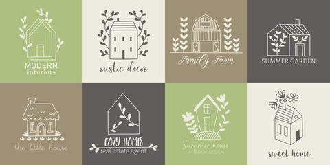 house, home, cottage and farm logo template with hand drawing icons