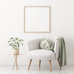 Poster mockup with square frame on empty white wall in living room interior with gray velvet armchair, round pillow with tropical pattern, green plaid and plant in basket. 3D rendering.