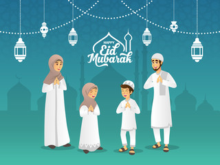 Wall Mural - Eid mubarak greeting card. Cartoon muslim family blessing Eid al fitr on blue background. vector illustration