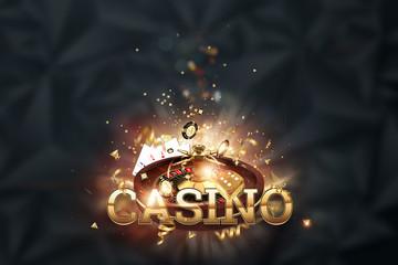 Creative background, inscription casino, roulette, gambling dice, cards, casino chips on a dark background. The concept of gambling, casino, winnings, Vegas Games. 3D render, 3D illustration.