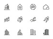 Real estate line icon set. Apartment building, city, key on hand. Real estate concept. Can be used for topics like house buying, mortgage, rent