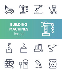 Sticker - Building machines icons. Set of line icons on white background. Block, engineer, system. Construction concept. Vector illustration can be used for topics like design, manufacturing, industry