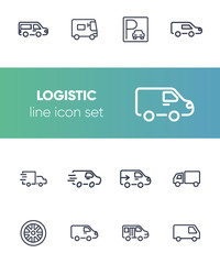 Poster - Logistic line icon set. Set of line icons on white background. Truck, trailer, parking. Transportation concept. Vector illustration can be used for topics like transport, car, auto service