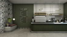 Cafe Shop Design Modern & Minimal Olive Green Counter,Gold Metal Light Pendant, Menu On Wall Olive Green Pastel Color,Wall 6-sided White Tiles,Floor Concrete  - 3D Render