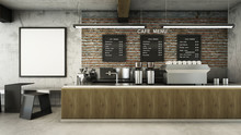 Cafe Shop  Restaurant Design Minimalist   Loft,Counter Wood Slat,Top Counter Metal,Mock Up On Wall Concrete,Menu Board On Wall Back Counter Brick,concrete Floors -3D Render