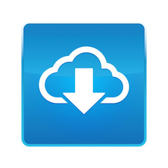 Wall Mural - Cloud download icon shiny blue square button
