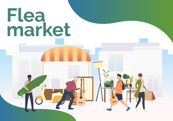 Flea market lettering, people shopping and walking outdoors. Buying, retail, marketplace concept. Presentation slide template. Vector illustration for topics like business, shopping, flea market