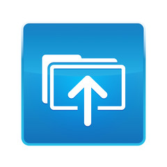 Wall Mural - Upload files icon shiny blue square button