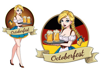 Wall Mural - Pretty cartoon girl with beer, Oktoberfest logo design with space for text, invitation.