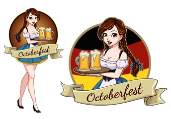 Wall Mural - Pretty cartoon girl with beer, Oktoberfest logo design with space for text, invitation.