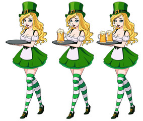 Wall Mural - St Patrick s day sexy girls holding beer set.