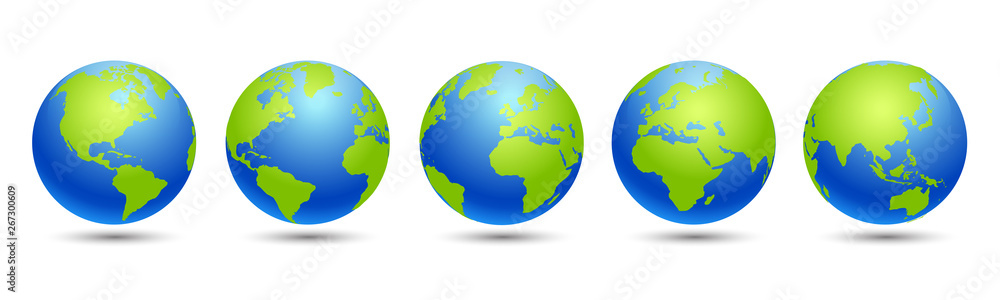Set 3D Globes with World Maps - vector for stock - obrazy, fototapety, plakaty 