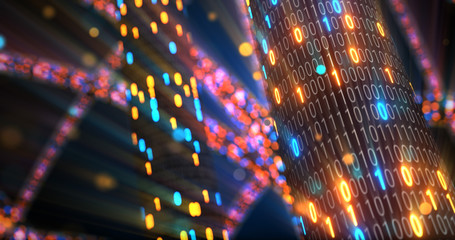 Wall Mural - abstract blue and orange digital binary code matrix background with flare. futuristic big data infor
