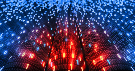 Wall Mural - Hacking red and blue digital binary code matrix 01 background. Hacker, dark web, matrix, Digital data code in safety security technology concept. 3D rendering