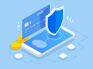 Isometric online payment protection system. Smartphone and credit card. Mobile data security. Secure bank transaction with password verification via internet. App programming technology and software