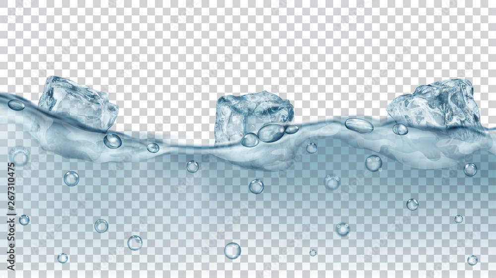 Water Transparency Cube Translucent gray ice cubes and many air bubbles floating in water on ...