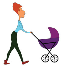 Clipart Of A Beautiful Mommy Pushing The Stroller Carrying Her Baby, Vector Or Color Illustration
