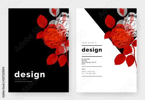Minimalist botanical invitation card template design, roses in vibrant red an...