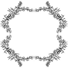 Wall Mural - Wreath of wildflowers branches isolated on white background. Foral frame design elements for invitations, greeting cards, posters. Hand drawn illustration. Line art. Sketch