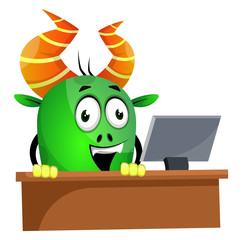 Poster - Monster browsing on computer, illustration, vector on white background.