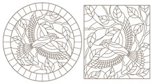 A Set Of Contour Illustrations Of Stained Glass Windows With Birds On The Background Of Branches And Leaves , Dark Contours On A White Background