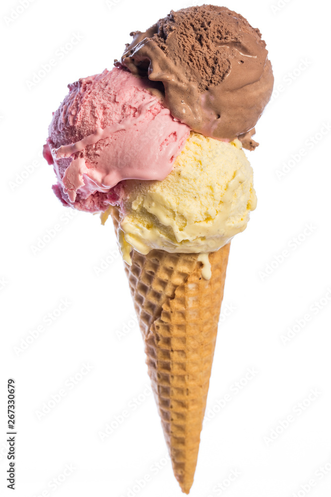 front view of real edible ice cream cone with 3 different scoops of ice cream (vanilla, chocolate, strawberry) isolated on white background - obrazy, fototapety, plakaty 