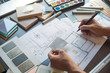© Chaosamran_Studio - Architect designer Interior creative working hand drawing sketch plan blue print selection material color samples art tools Design Studio
