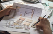 © Chaosamran_Studio - Architect designer Interior creative working hand drawing sketch plan blue print selection material color samples art tools Design Studio