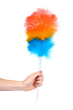 Hand With Soft Colorful Duster, Synthetic Feather Broom, Fluffy Cleaner.