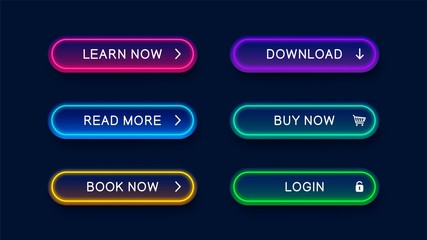 Wall Mural - bright modern neon abstract buttons for website. vector multicolored neon buttons isolated on dark b