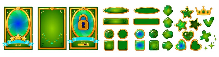 Level background card for mobile game ui design. Victory ribbon witch stars. Buttons set.