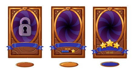 Level background card for mobile game ui design. Victory ribbon witch stars. Buttons set.