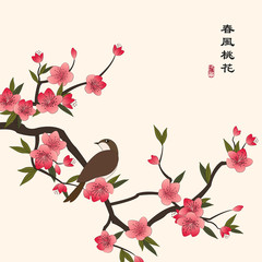 Wall Mural - Retro colorful Chinese style vector illustration peach blossom flower and a little bird standing on the branch