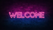 © Pavel - welcome neon sign. purple and blue glow. neon text. Brick wall lit by neon lamps. Night lighting on the wall. 3d illustration. Trendy Design. light banner, bright advertisement