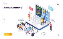 Programming Office With Developers And Notebook. Coders Or Programmers Writing Program. Landing Page For Web IT Courses With HTML And C  . Code Team Engineering Computer Software.