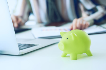 Wall Mural - Woman's hand pointing on summary report chart and calculate finance in office close-up. Calculator, green Piggy Bank, Laptop, business chart and graph document on desk. Debt.