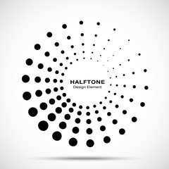 Wall Mural - Halftone circle dotted frame circularly distributed. Vector dots logo emblem design element. Round border Icon using random halftone circle dot raster texture. Half tone circular background pattern.