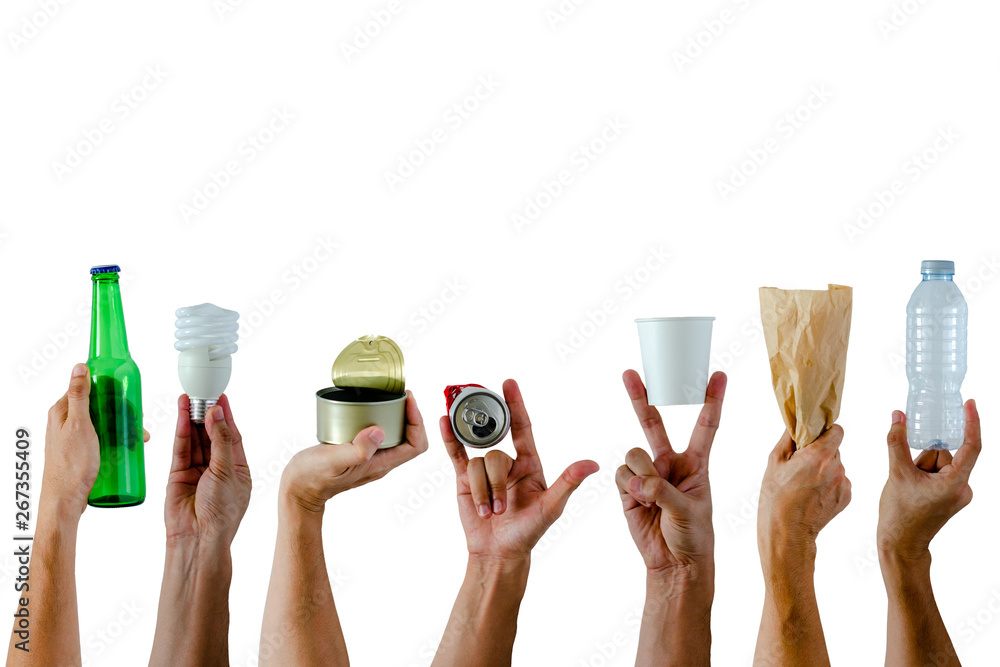 Hands holding and show recycle materials on white background. Reuse and ...