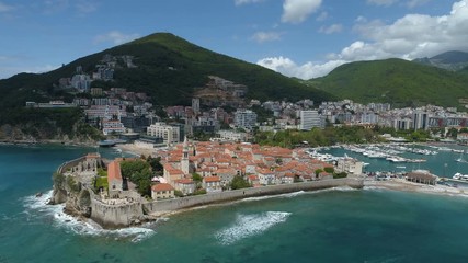 Wall Mural - aerial hyperlapse view of an old town Budva