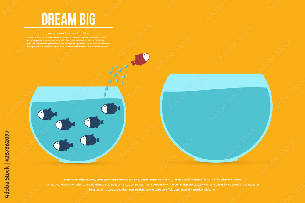 Dream big. Dare to be different.Think differently concept illustration, fish jumping outside the aquarium into biger one. New idea, change, trend, courage, creative solution, innovation and unique way - obrazy, fototapety, plakaty 