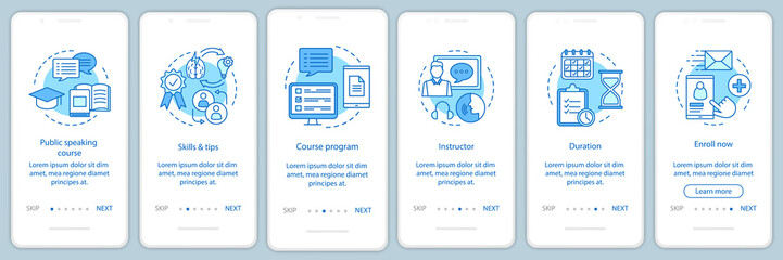 Public speaking skill classes onboarding mobile app page screen vector template
