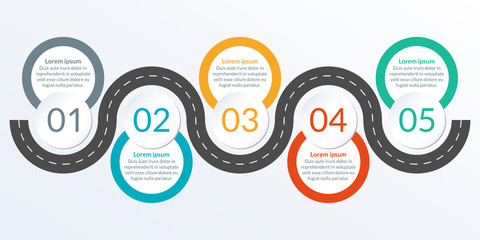Timeline ifographic design with winding road map. 5 steps, options or levels. Info graphic for business process, progress, presentation, workflow layout, banner, web design. Vector illustration.