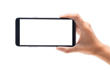 Woman hand holding the black smartphone with blank screen isolated on white background with clipping path.