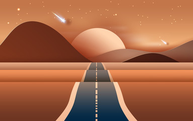 3D illustration of  Landscape with road to mountains across a dry desert.Light starfall at Evening time.Creative design Paper cut and craft by carving of hot summertime show sand dune. Vector. Eps10