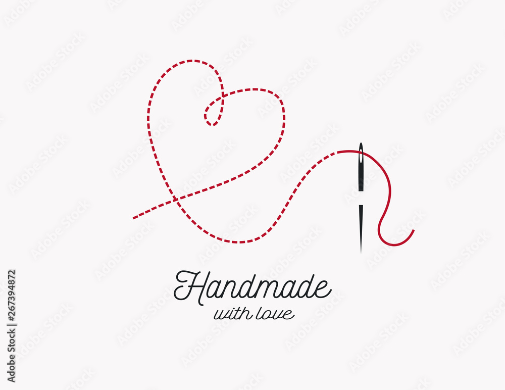 Handmade with love background vector. Needle and thread and heart shape ...